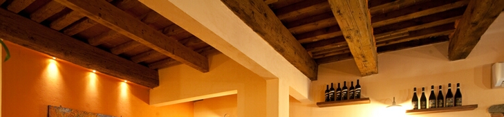 Il soffitto a travi di legno della sala